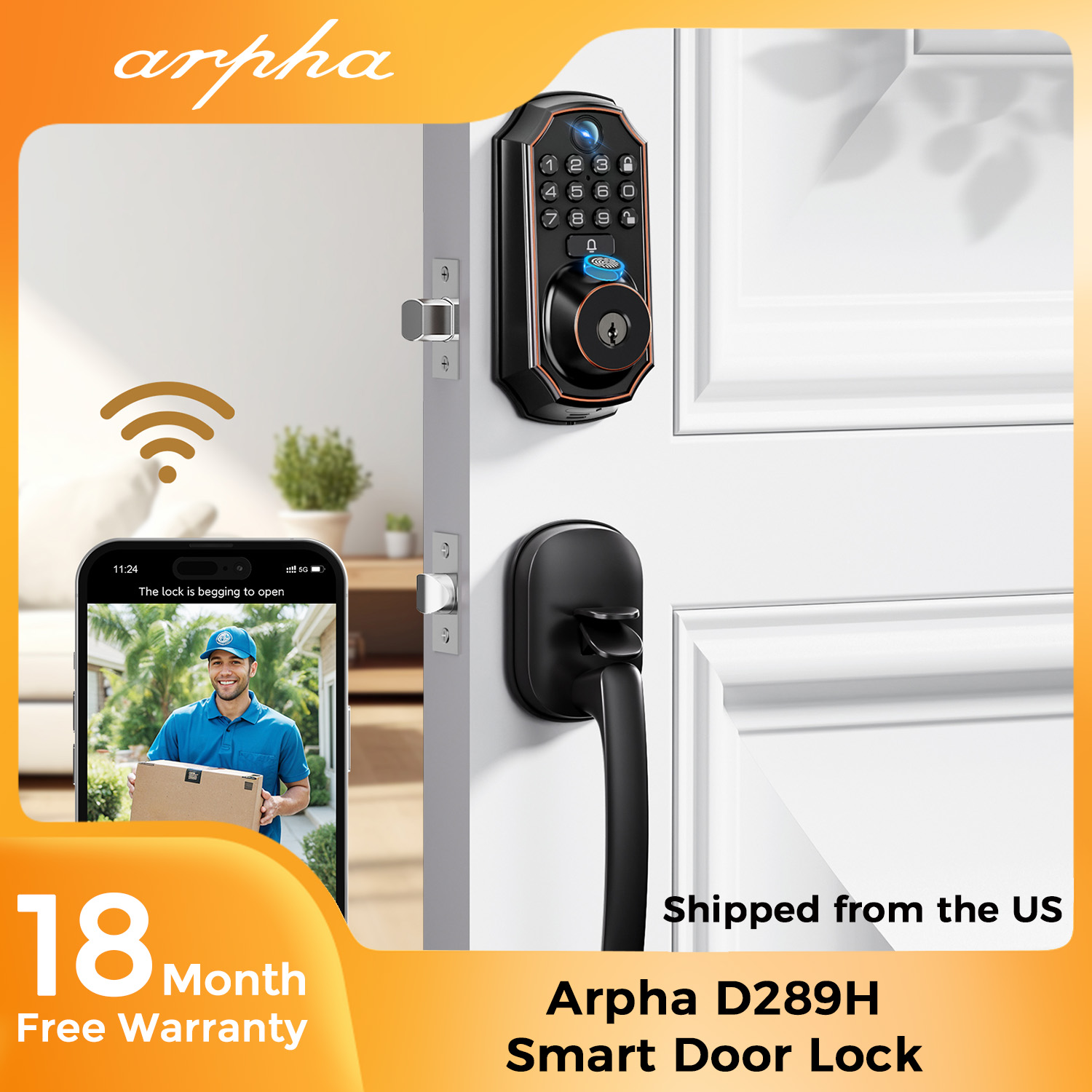 Home Security Front Door Camera - ARPHA D289H スマートドアロック。カメラ、アプリ制御、指紋認証キーパッド、内蔵ドアベル、双方向音声通話、ワンタイムパスコード、自動ロック機能を搭載。